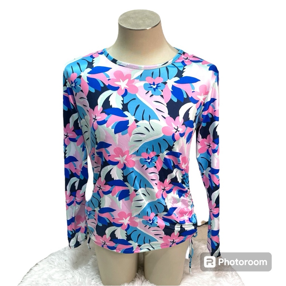 Stella Parker UPF 30 Rashguard Ruched Side Long Sleeve Floral Size M